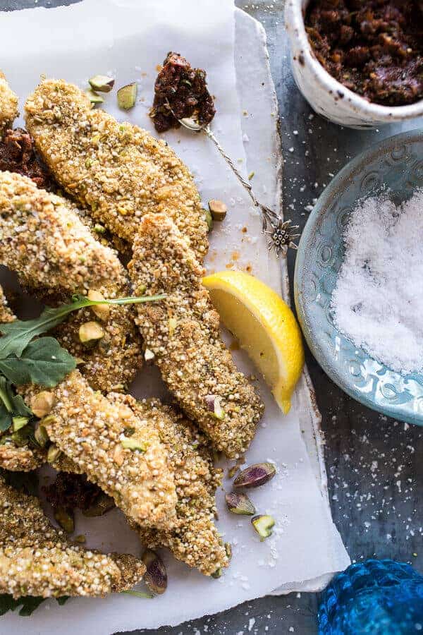 Pistachio Quinoa Dukkah Crusted Chicken Fingers with Sun-dried Tomato Pesto | halfbakedharvest.com @hbharvest