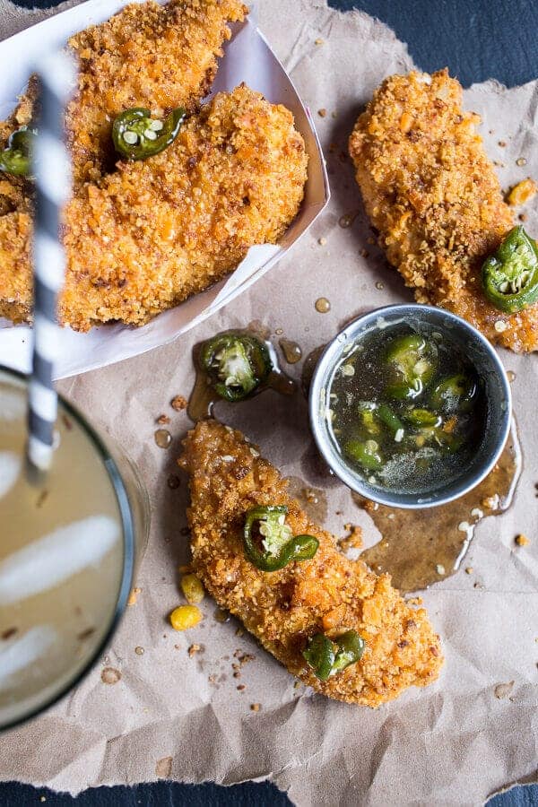 Cheddar Cornbread Chicken Fingers with Jalapeño Honey Butter | halfbakedharvest.com @hbharvest