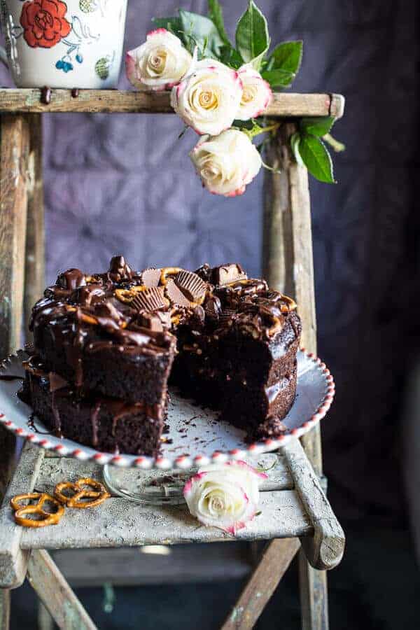 Fudgy One-Bowl Chocolate Peanut Butter Cup Pretzel Cake | halfbakedharvest.com @hbharvest