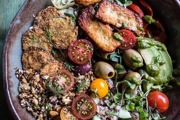 Greek Goddess Grain Bowl with “Fried” Zucchini, Toasted Seeds and Fried Halloumi | halfbakedharvest.com @hbharvest
