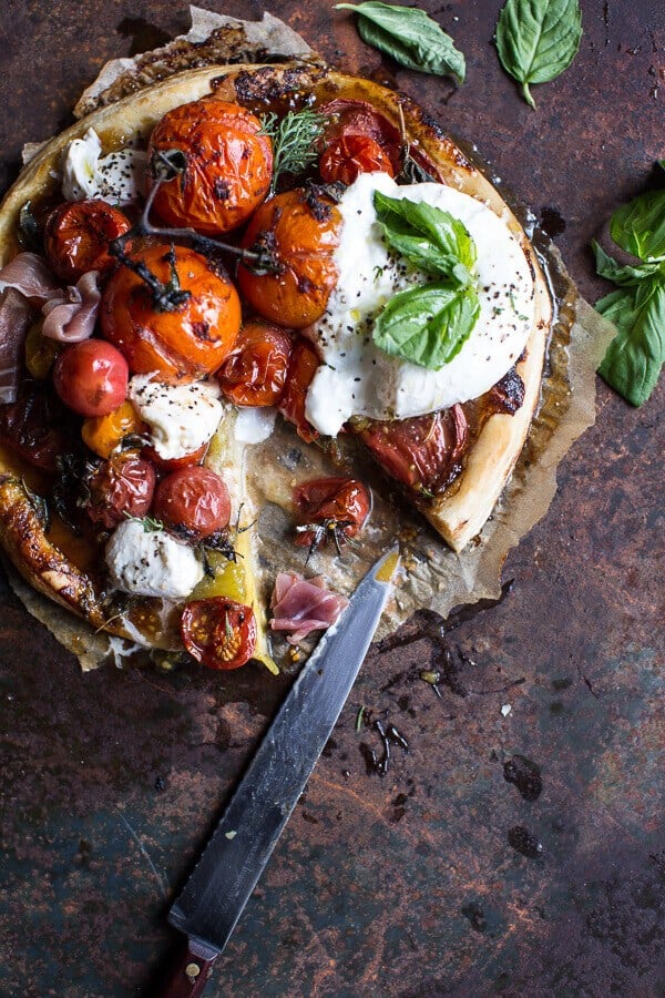 Quick Balsamic Fig Roasted Tomato and Burrata Cheese Tarts | halfbakedharvest.com @hbharvest