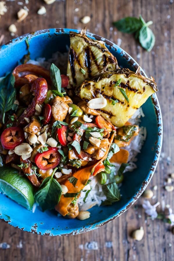 30 Minute Sweet Thai Chili Peanut Chicken and Grilled Pineapple Stir Fry | halfbakedharvest.com @hbharvest