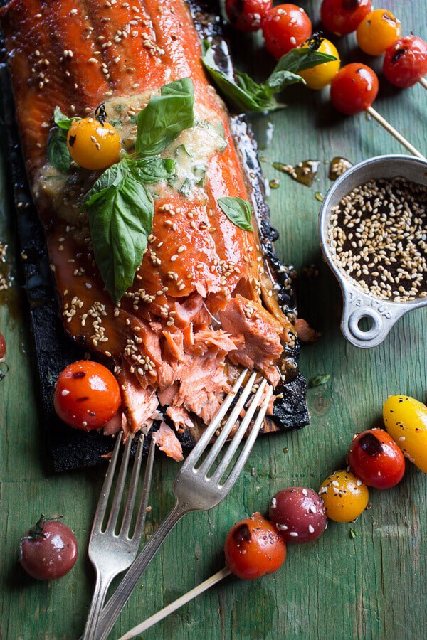 Cedar Plank Grilled Sesame Salmon with Kimchi Miso Butter and Grilled Tomatoes | halfbakedharvest.com @hbharvest