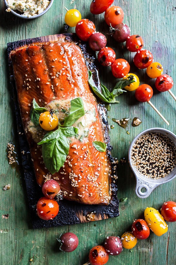 Cedar Plank Grilled Sesame Salmon with Kimchi Miso Butter and Grilled Tomatoes | halfbakedharvest.com @hbharvest