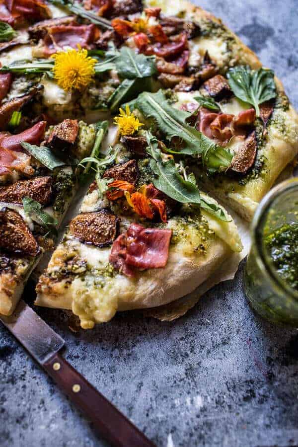 Dandelion Green Pesto, Fresh Fig and Gorgonzola Pizza with Prosciutto | halfbakedharvest.com @hbharvest