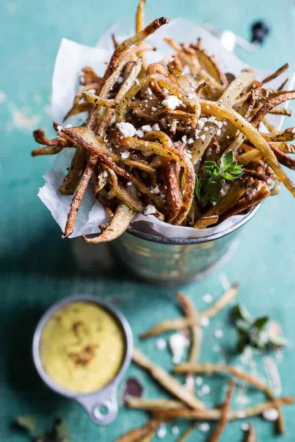 Skinny Greek Feta Fries with Roasted Garlic Saffron Aioli | halfbakedharvest.com @hbharvest