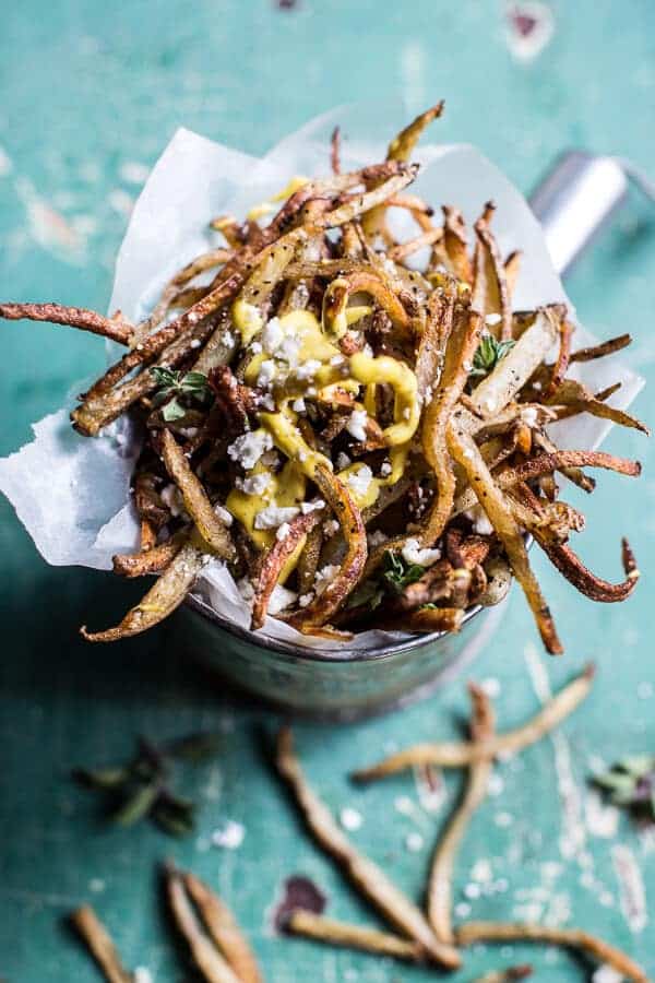 Skinny Greek Feta Fries with Roasted Garlic Saffron Aioli | halfbakedharvest.com @hbharvest