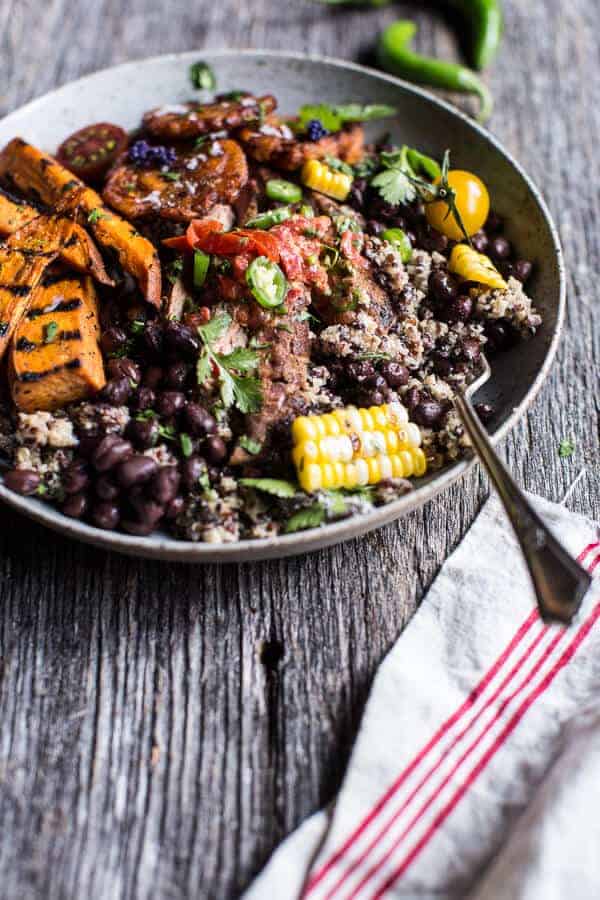 Brazilian Steak and Grilled Sweet Potato Fry Quinoa Bowl with Spicy Coconut Tomato Sauce | halfbakedharvest.com @hbharvest