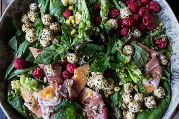 Fresh Basil Salad with Prosciutto Wrapped Mellon and Toasted Seed Rolled Goat Cheese | halfbakedharvest.com @hbharvest