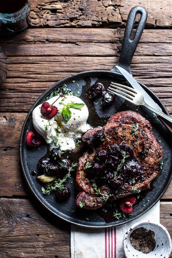 Smoked Ancho Chile Salted Steaks with Drunken Burst Sweet Cherries + Burrata | @hbharvest