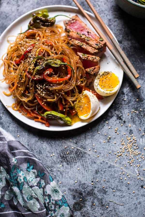 30 Minute Korean Stir Fried Shishito Pepper Rainbow Veggie Noodles with Seared Tuna | halfbakedharvest.com @hbharvest