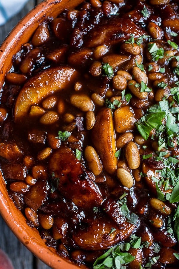 Bourbon Peach BBQ Baked Beans | halfbakedharvest.com @hbharvest