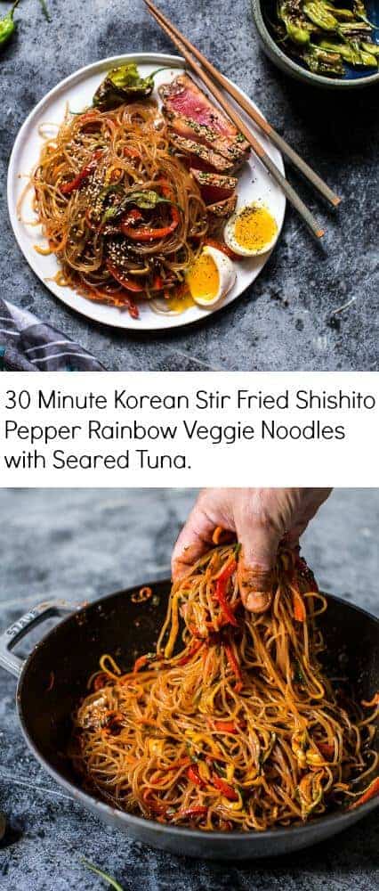 30 Minute Korean Stir Fried Shishito Pepper Rainbow Veggie Noodles with Seared Tuna | halfbakedharvest.com @hbharvest