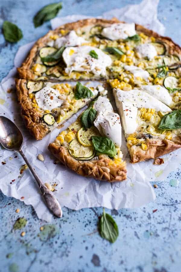 Zucchini and Roasted Sweet Corn Provolone Phyllo Pizza with Truffle Oil | halfbakedharvest.com @hbharvest