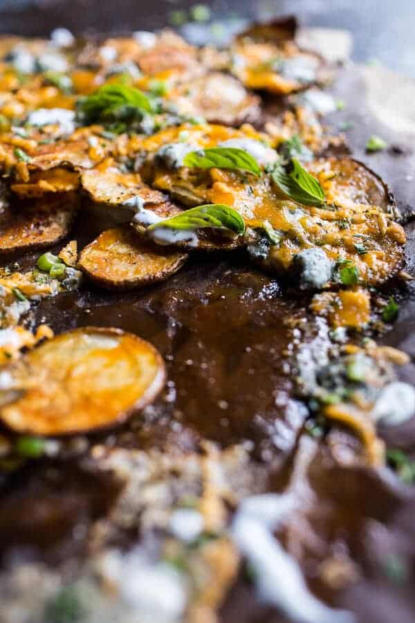 Crispy Buffalo Cheddar Potato Nachos | halfbakedharvest.com @hbharvest