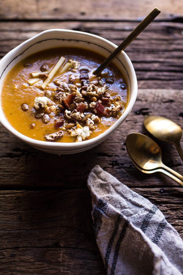 Smoky Pumpkin Beer and Cheddar Potato Soup with Candied Bacon Popcorn | halfbakedharvest.com @hbharvest