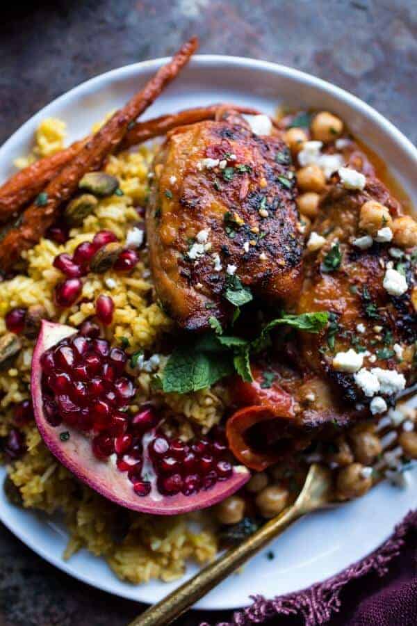 Crockpot Honey Harissa Chicken with Chickpeas, Feta and Jeweled Pomegranate Rice | halfbakedharvest.com @hbharvest