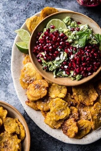 Pomegranate Guacamole with Fried Plantain Chips | halfbakedharvest.com @hbharvest