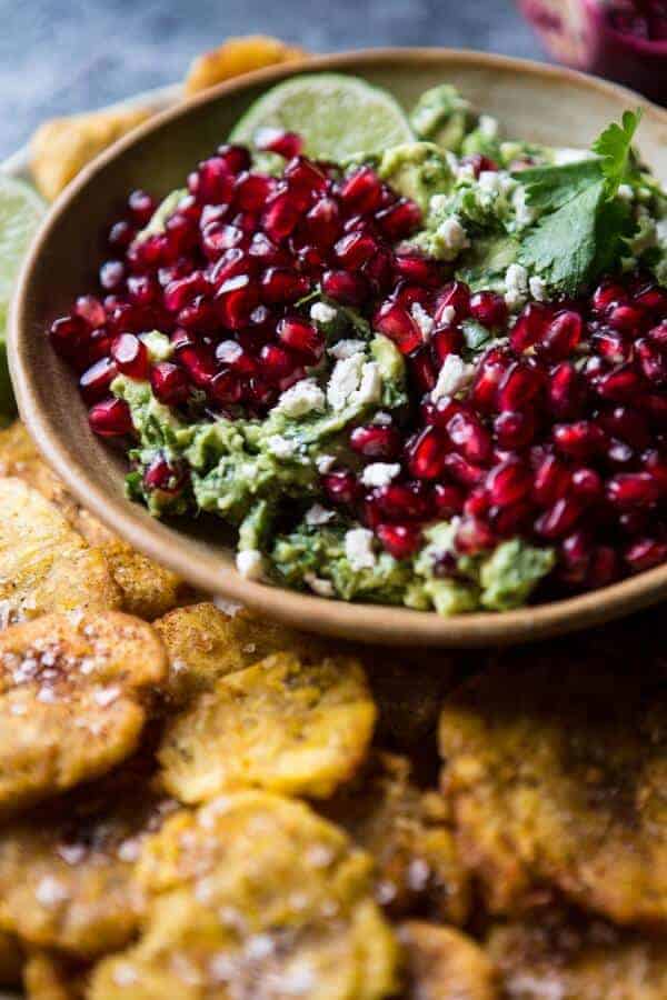 Pomegranate Guacamole with Fried Plantain Chips | halfbakedharvest.com @hbharvest