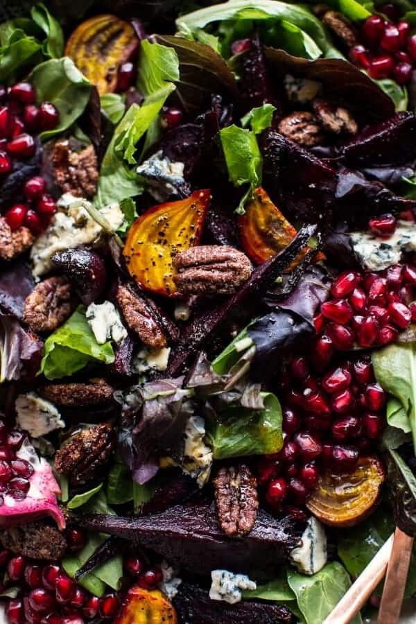 Winter Beet and Pomegranate Salad with Maple Candied Pecans + Balsamic Citrus Dressing | halfbakedharvest.com @hbharvest