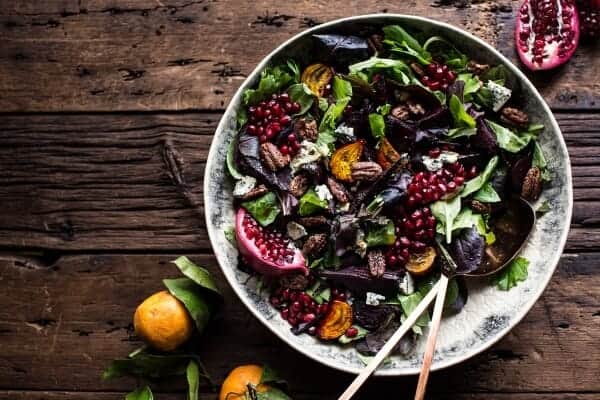 Winter Beet and Pomegranate Salad with Maple Candied Pecans + Balsamic Citrus Dressing | halfbakedharvest.com @hbharvest