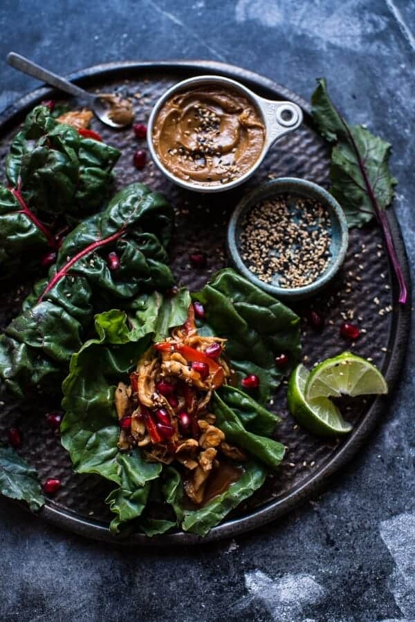Sweet Thai Chile Chicken Swiss Chard Wraps with Peanut Ginger Sauce | halfbakedharvest.com @hbharvest