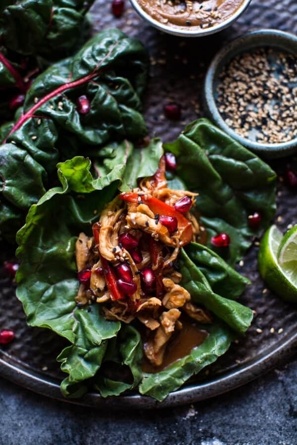 Sweet Thai Chile Chicken Swiss Chard Wraps with Peanut Ginger Sauce | halfbakedharvest.com @hbharvest