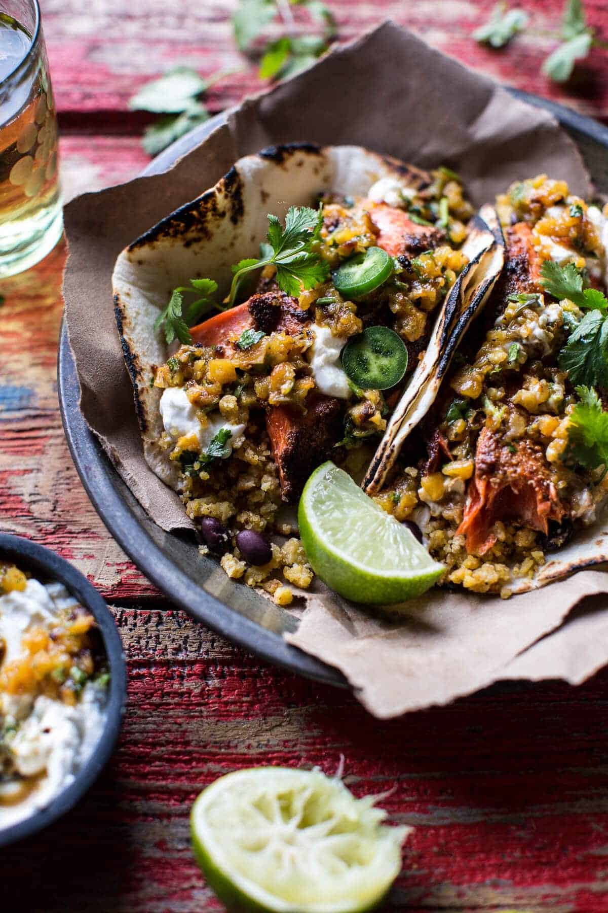 Jamaican Jerk Fish Tacos with Plantain Fried Rice and Pineapple Salsa | halfbakedharvest.com @hbharvest
