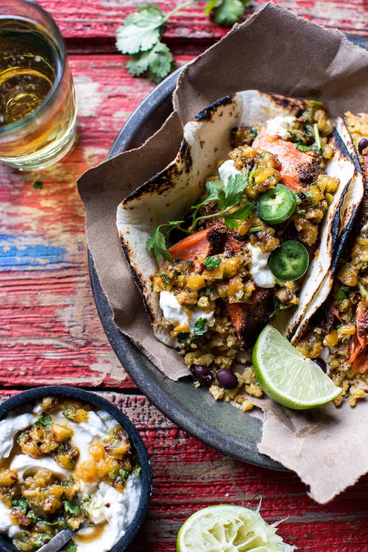 Jamaican Jerk Fish Tacos with Plantain Fried Rice and Pineapple Salsa | halfbakedharvest.com @hbharvest