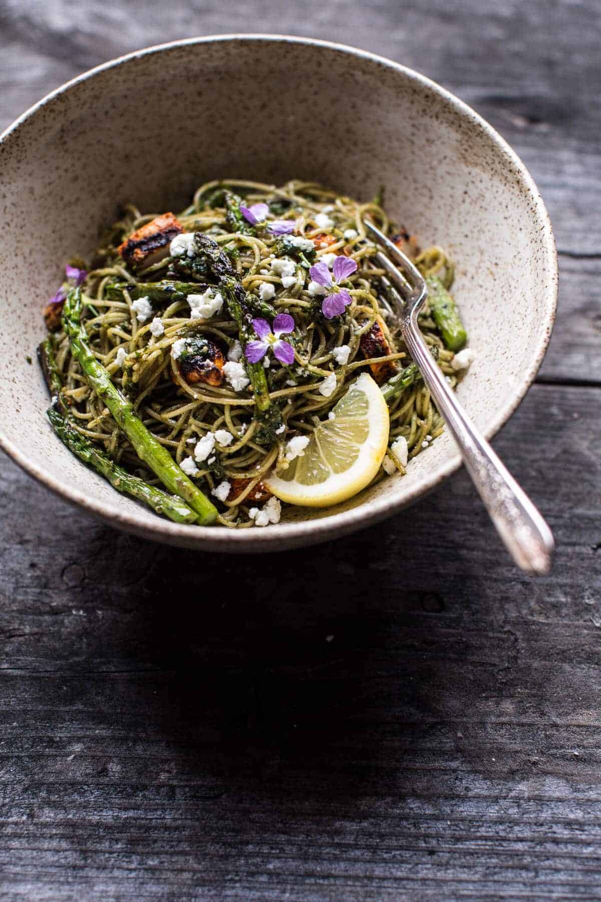 Charred Asparagus and Sunflower Seed Pesto Pasta with Blackened Lemon Chicken | halfbakedharvest.com @hbharvest