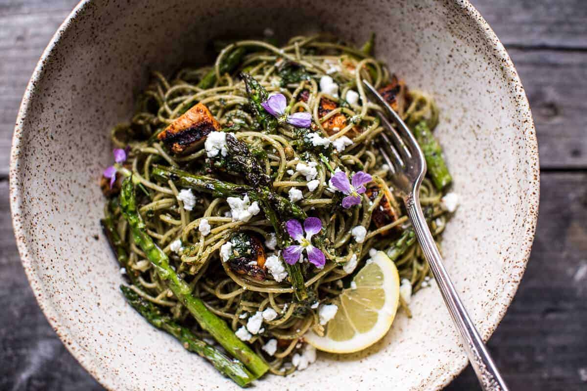 Charred Asparagus and Sunflower Seed Pesto Pasta with Blackened Lemon Chicken | halfbakedharvest.com @hbharvest