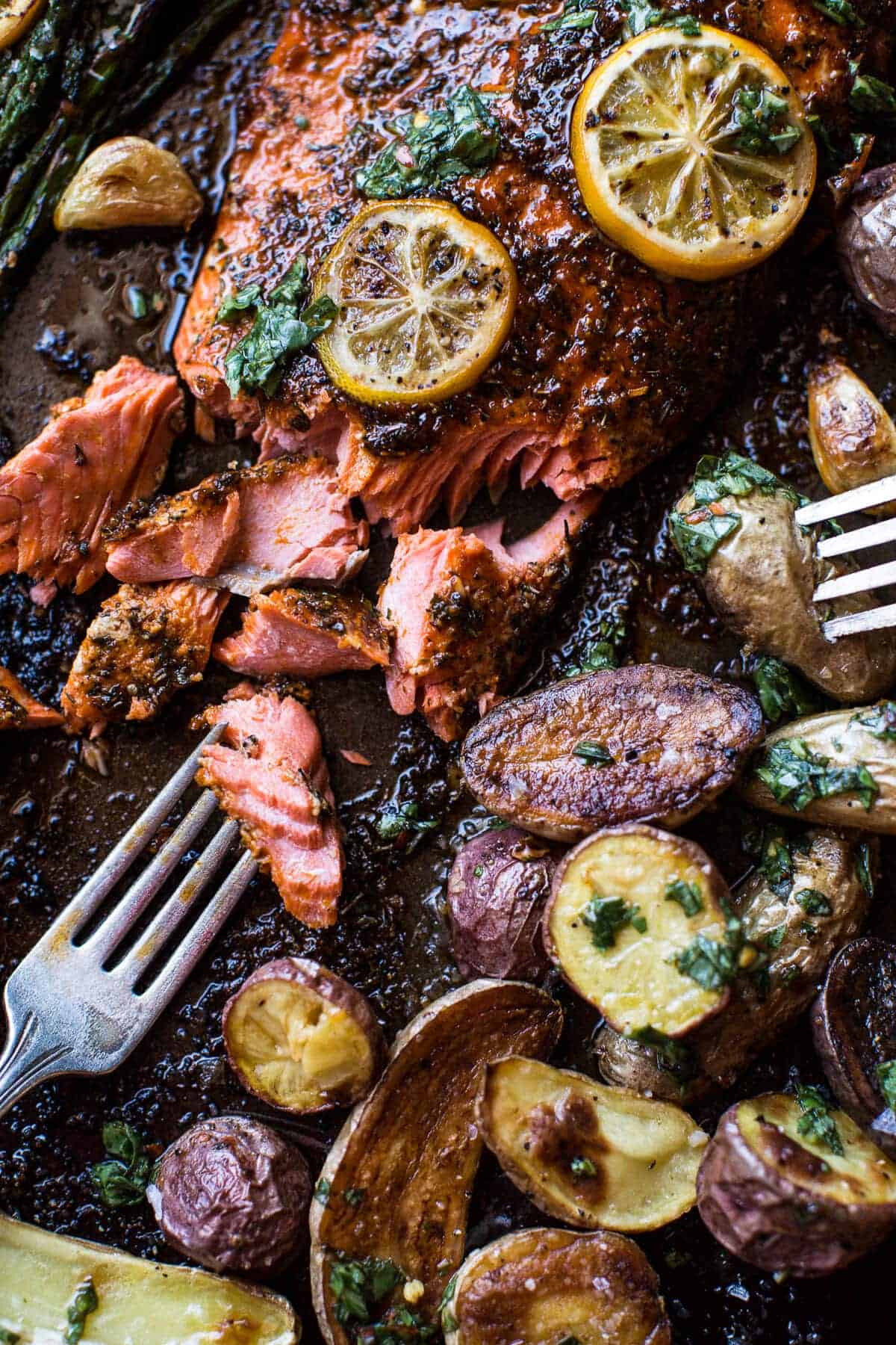 One Pan Lemon Roasted Salmon, Potatoes and Parmesan Asparagus | halfbakedharvest.com @hbharvest