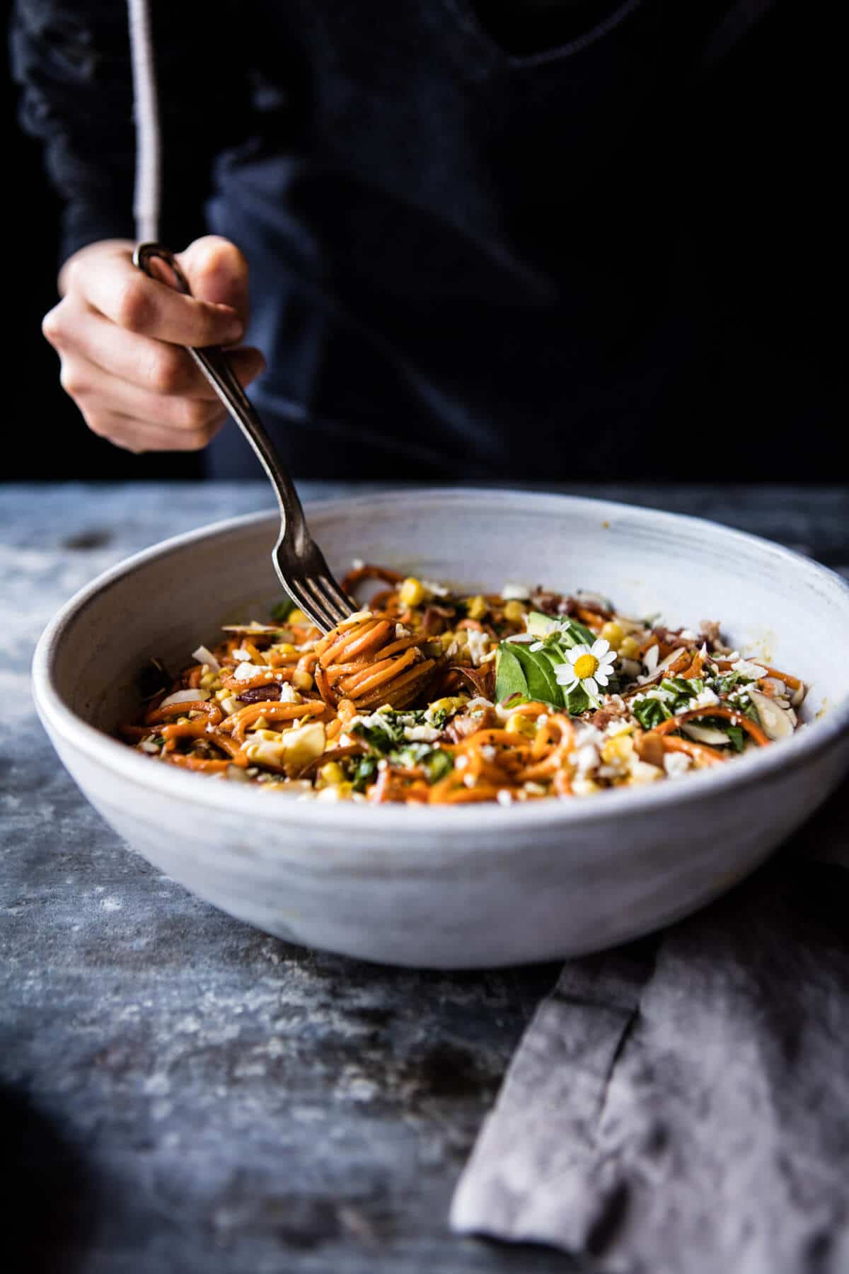 Corn, Feta and Basil Sweet Potato Noodle Carbonara | halfbakedharvest.com @hbharvest