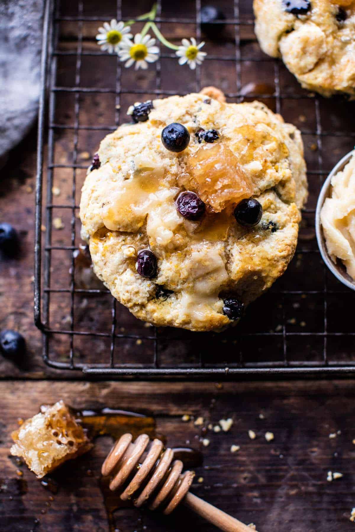 Blueberry Brie Cornbread Biscuits with Honey Butter | @hbharvest