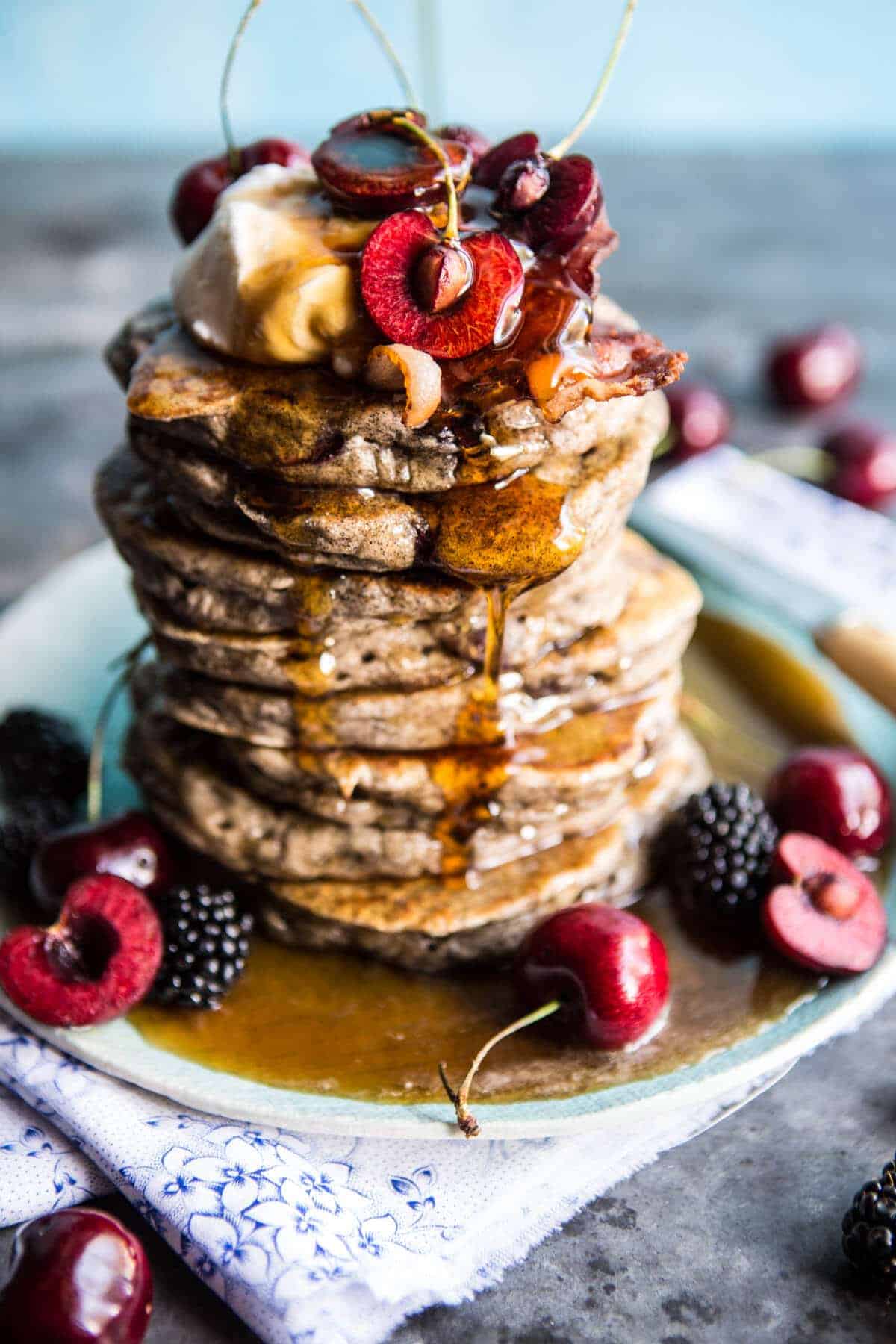 Sweet Cherry Buckwheat Pancakes with Bourbon Butter Syrup + Bacon | halfbakedharvest.com @hbharvest