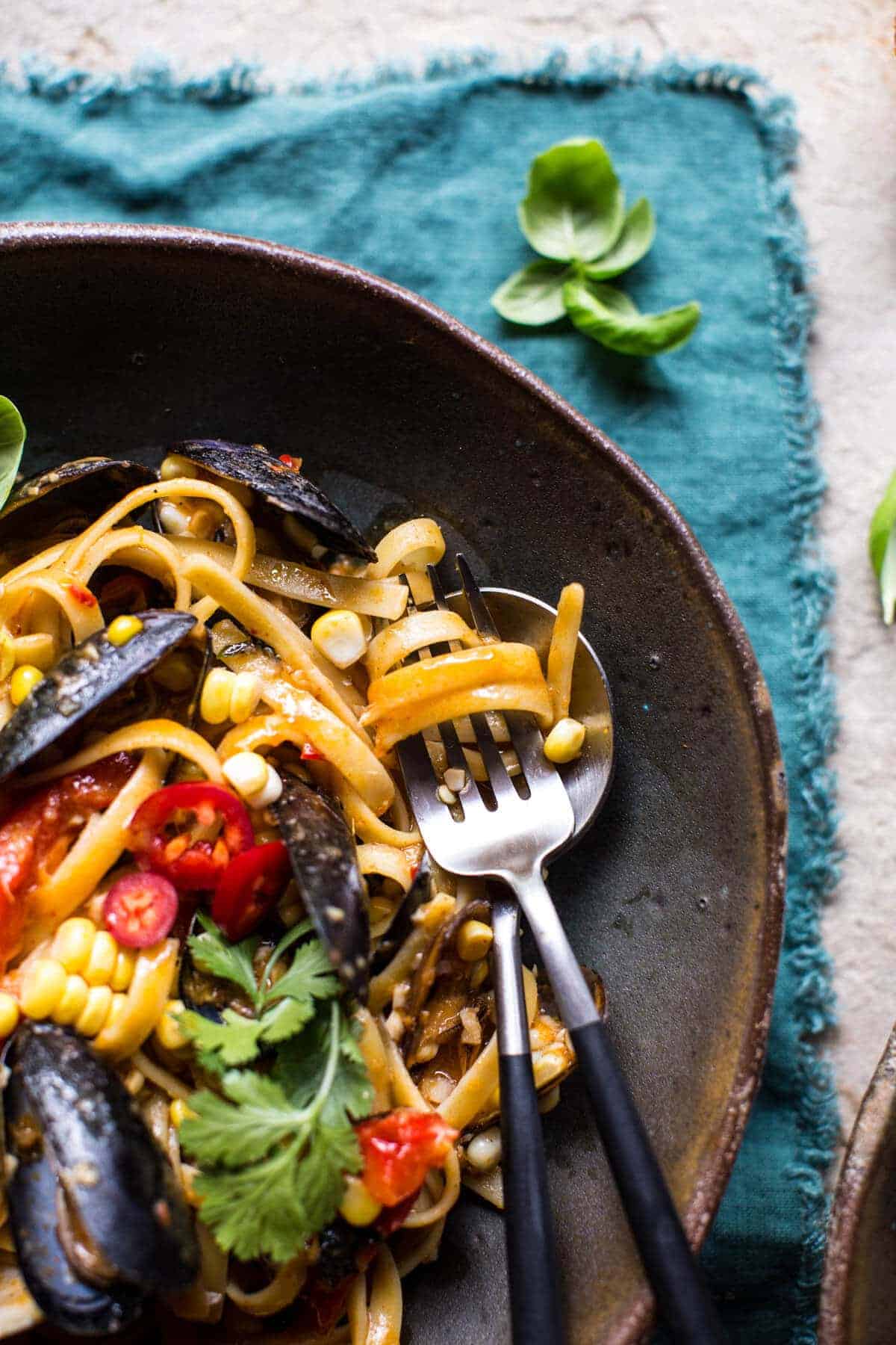 Basil Coconut Curry Pasta with Clams, Mussels and Corn | halfbakedharvest.com @hbharvest