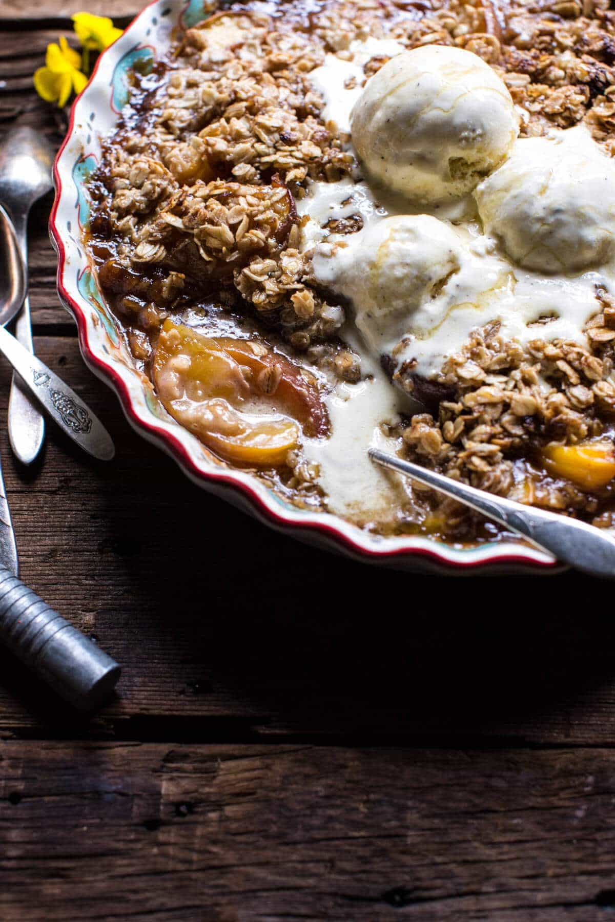 Brown Sugar Caramel Oatmeal Cookie Peach Crisp | halfbakedharvest.com @hbharvest
