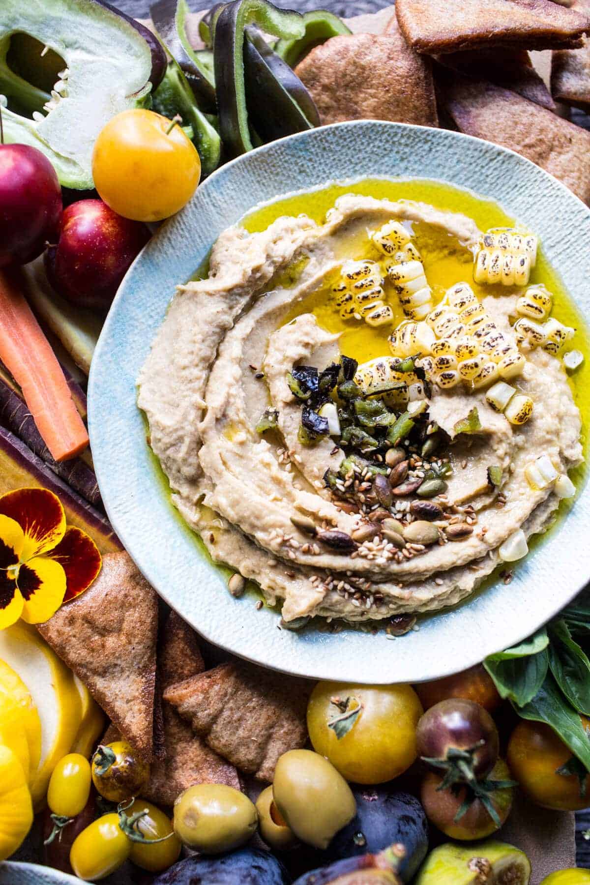 Market Veggie Board with Roasted Corn Jalapeno Hummus + Honey Whipped Goat Cheese | halfbakedharvest.com @hbharvest