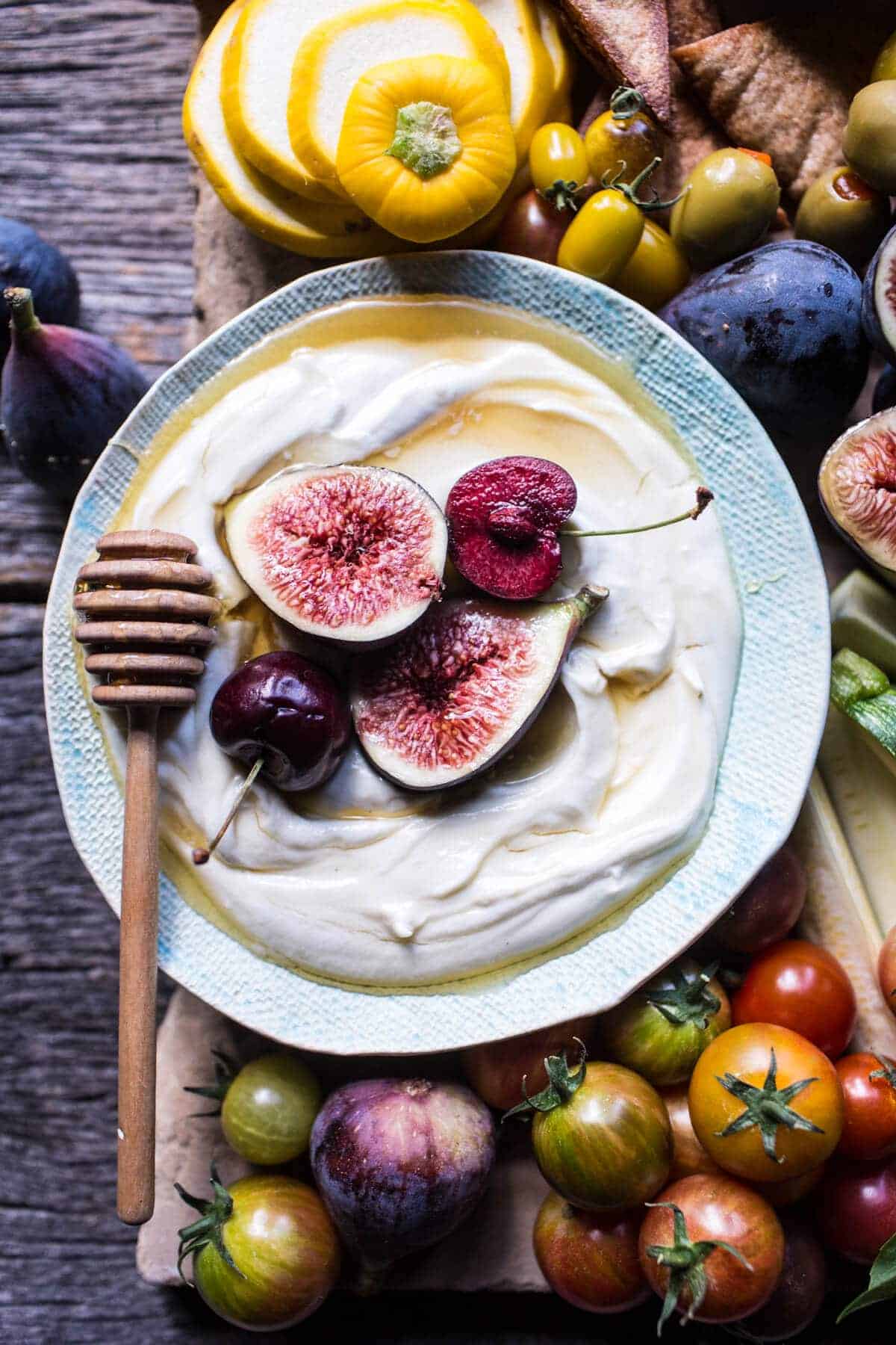 Market Veggie Board with Roasted Corn Jalapeno Hummus + Honey Whipped Goat Cheese | halfbakedharvest.com @hbharvest