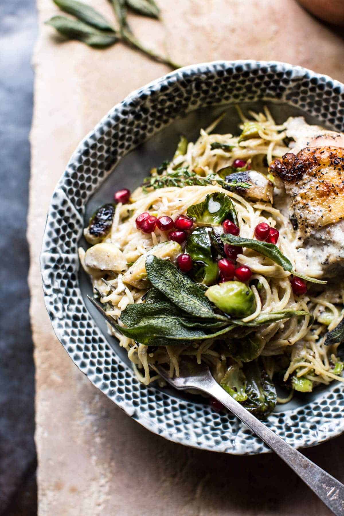 Sage Butter Lemon Roasted Chicken in Goat Milk With Brussels Sprout Pasta | halfbakedharvest.com @hbharvest