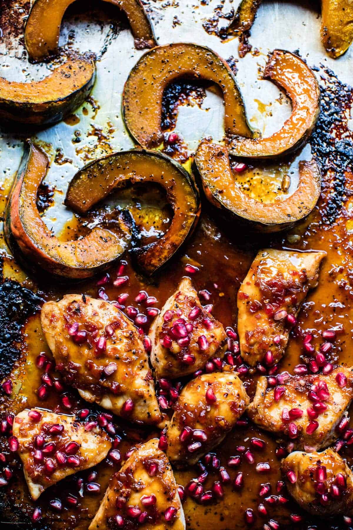 Sheet Pan Sticky Pomegranate Chicken and Honey Roasted Squash | halfbakedharvest.com @hbharvest