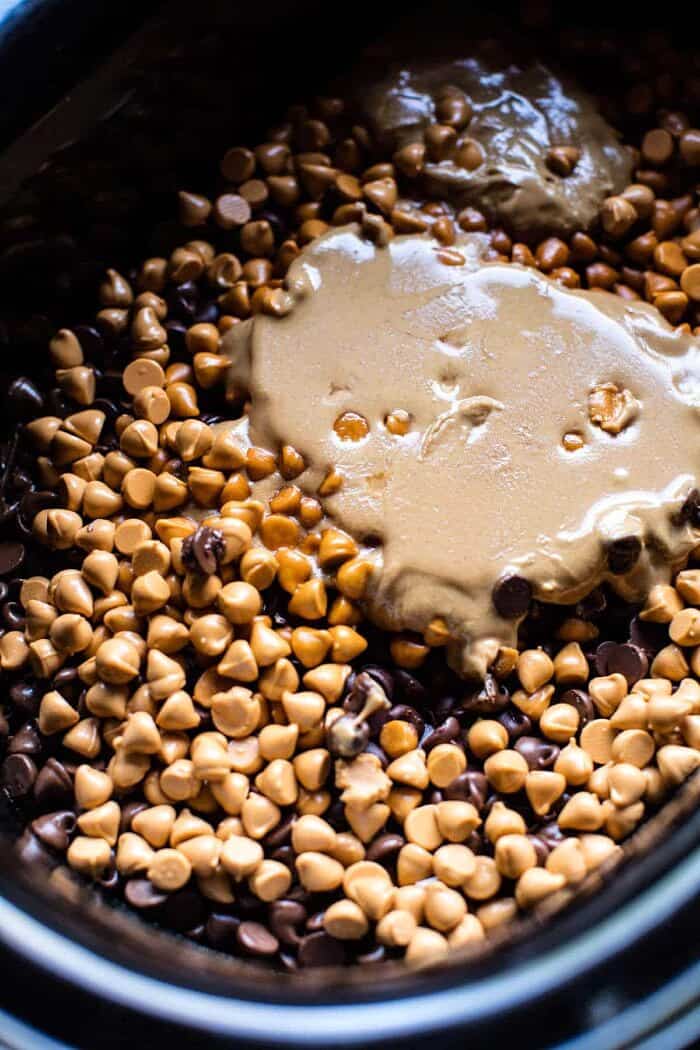 Addicting 5 Ingredient Crockpot Chocolate Bars | halfbakedharvest.com #dessert #halloween #chocolate #candybar