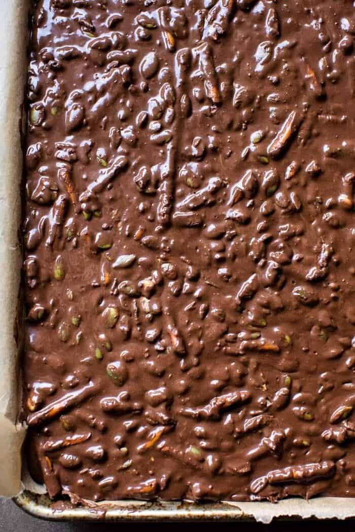 Addicting 5 Ingredient Crockpot Chocolate Bars | halfbakedharvest.com #dessert #halloween #chocolate #candybar