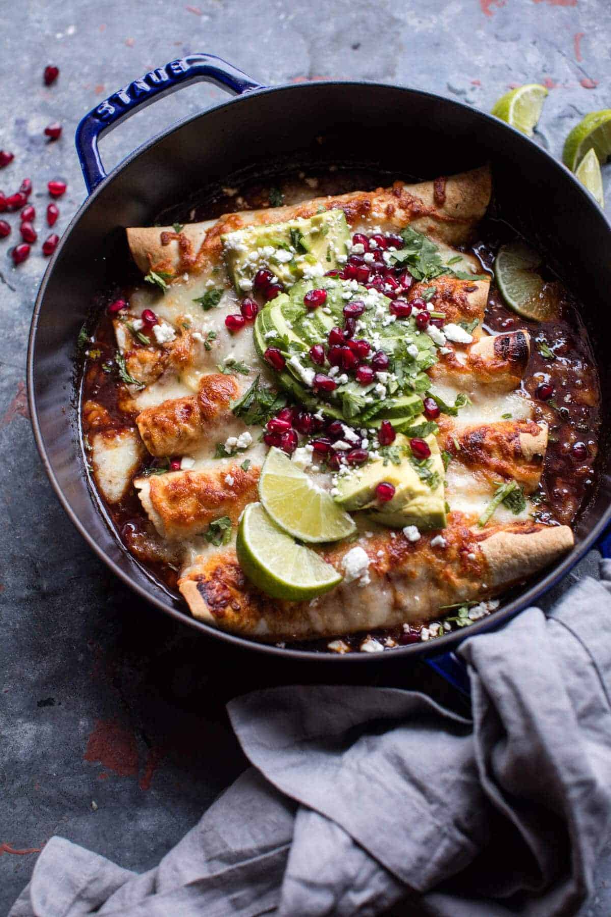 Cheesy Sweet and Sour Pomegranate Thai Chicken Enchiladas | halfbakedharvest.com @hbharvest