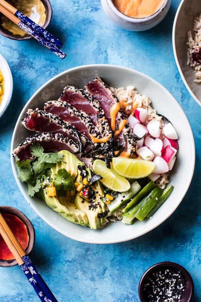 Spicy Brown Rice Seared Tuna Roll Bowl | halfbakedharvest.com @hbharvest