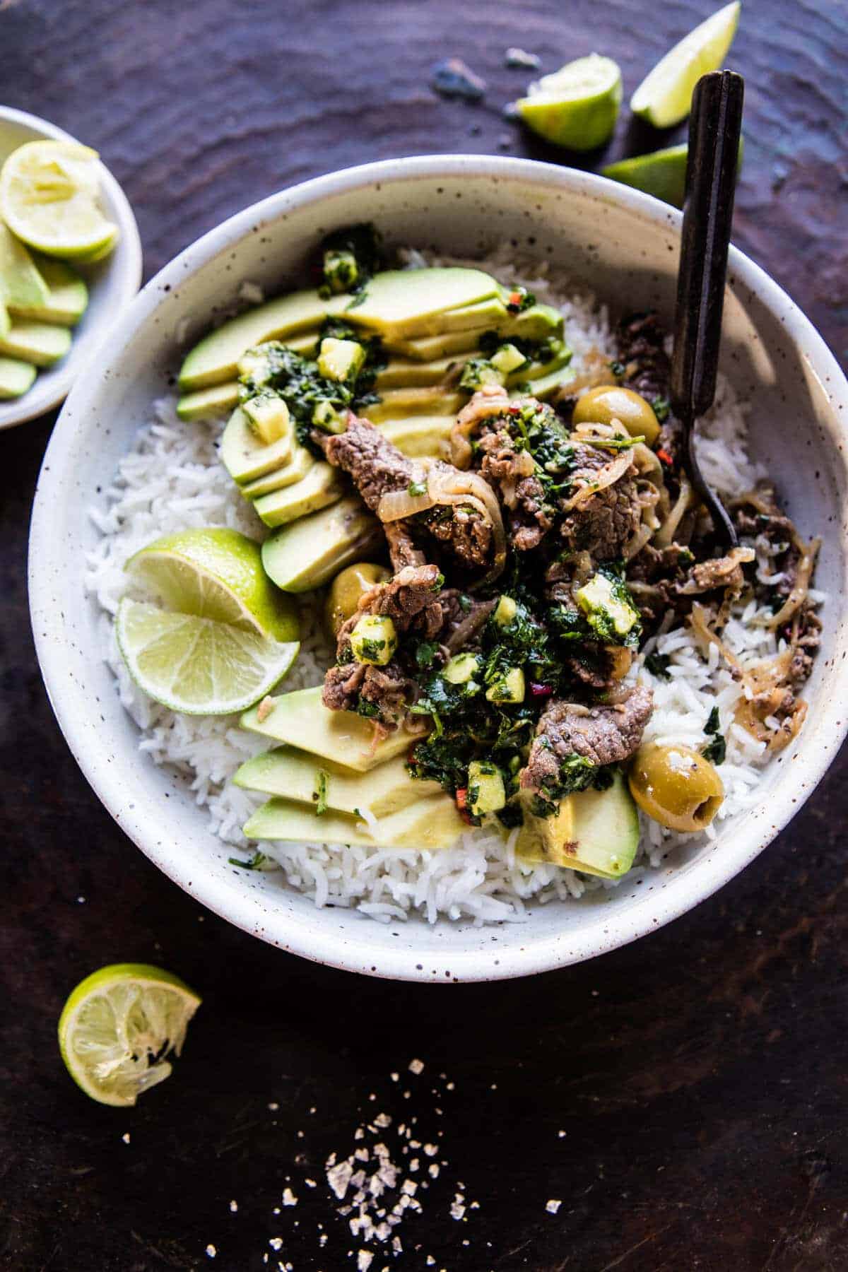 Cuban Style Steak and Avocado Rice with Pineapple Chimichurri | halfbakedharvest.com @hbharvest