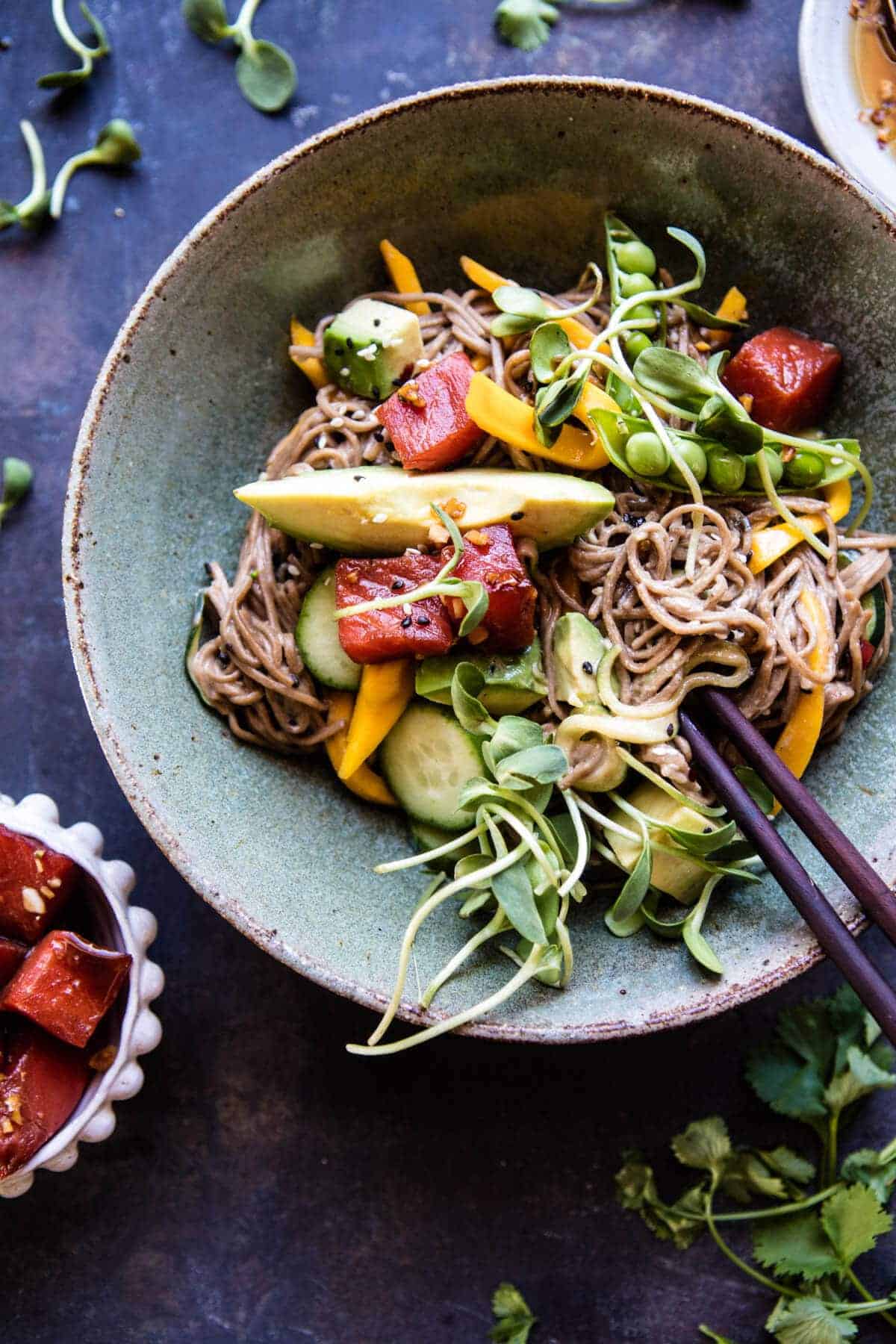 Mango Avocado Soba Noodles with Sesame Salmon Poke | halfbakedharvest.com @hbharvest