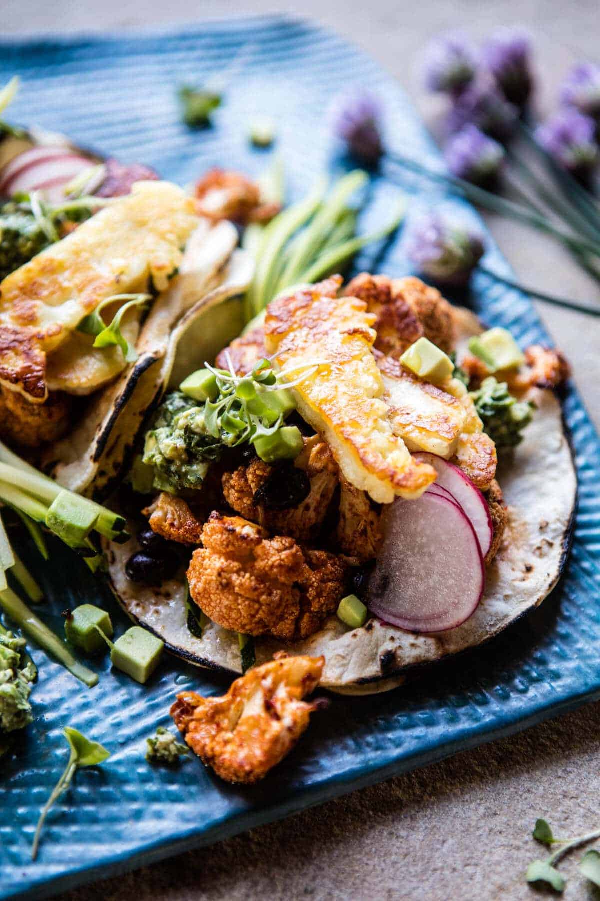 Roasted Cauliflower Fried Halloumi Tacos with Spicy Avocado Basil Salsa | halfbakedharvest.com @hbharvest