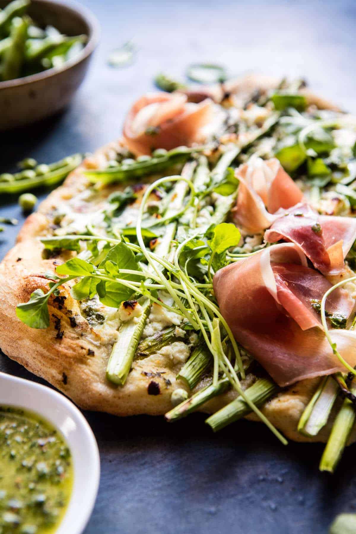Super Green Pea and Asparagus Burrata Pizza | halfbakedharvest.com @hbharvest