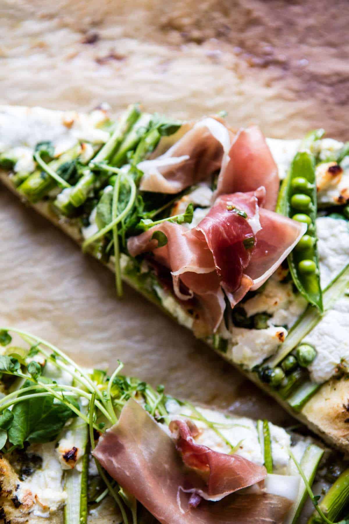 Super Green Pea and Asparagus Burrata Pizza | halfbakedharvest.com @hbharvest